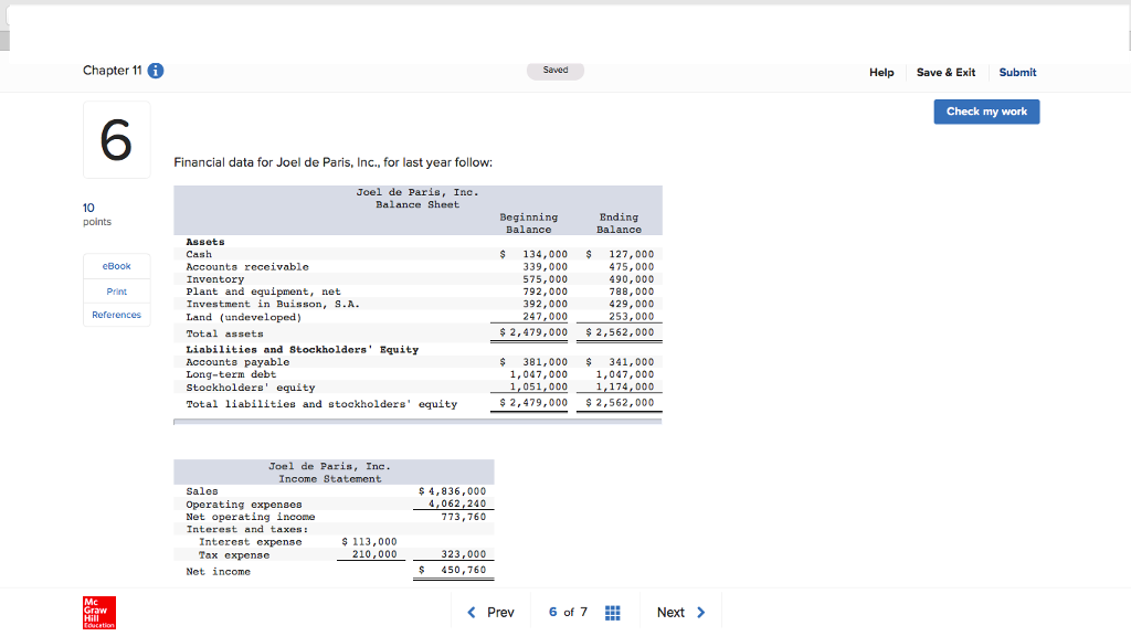 work 6 Joel de Paris, Ine Income Statement Sales Operating expenses Net