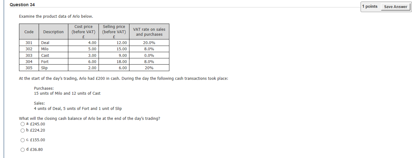  Question 34 1 points Save Answer Examine the product data of