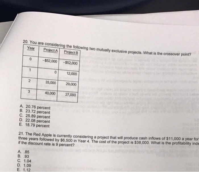  You are considering the following two mutually exclusive projects. what is