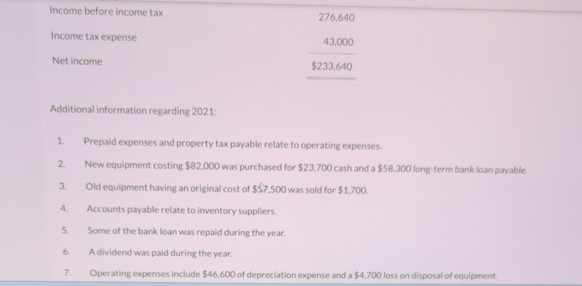 property tax payable relate to operating expenses. 2. New equipment costing $82,000