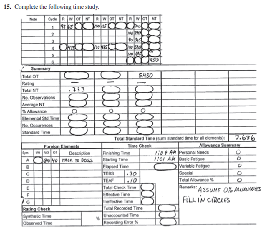 15. Complete the following time study. Note Cycle RW|OT| NTR WOT