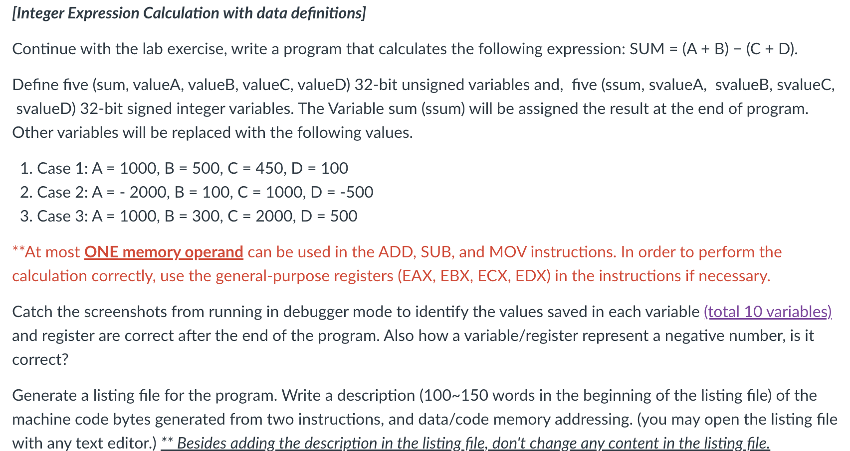  [Integer Expression Calculation with data definitions] Continue with the lab exercise,