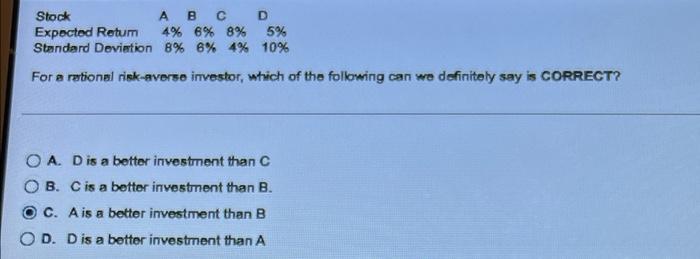 ANSWER FAST Stock A B C D Expected Retum 4% 6% 8%