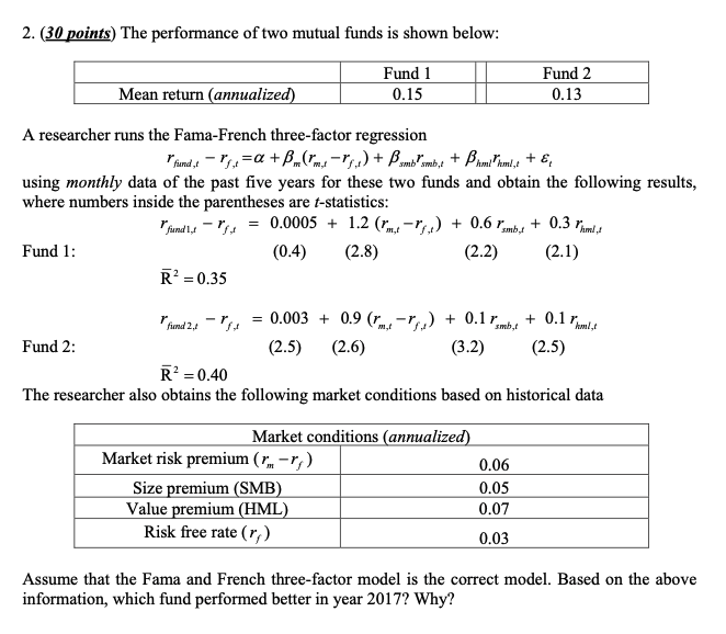 2. ( 30 points ) The performance of two mutual funds