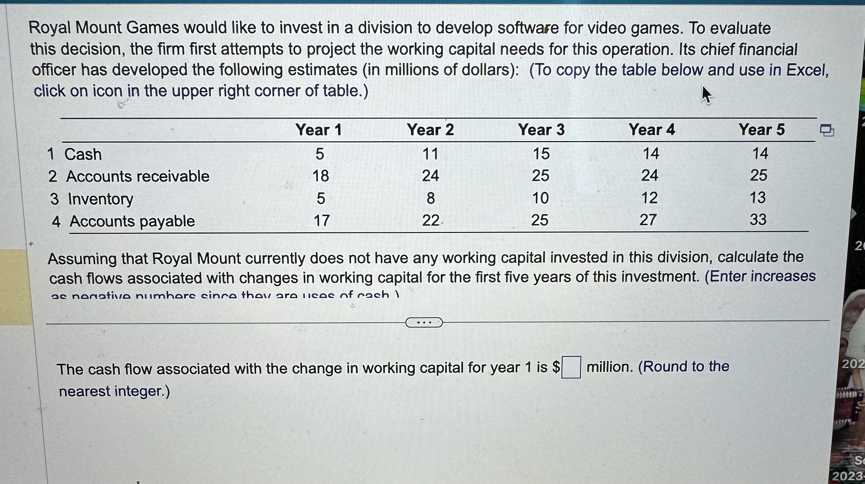  Assuming that Royal Mount currently does not have any working capital