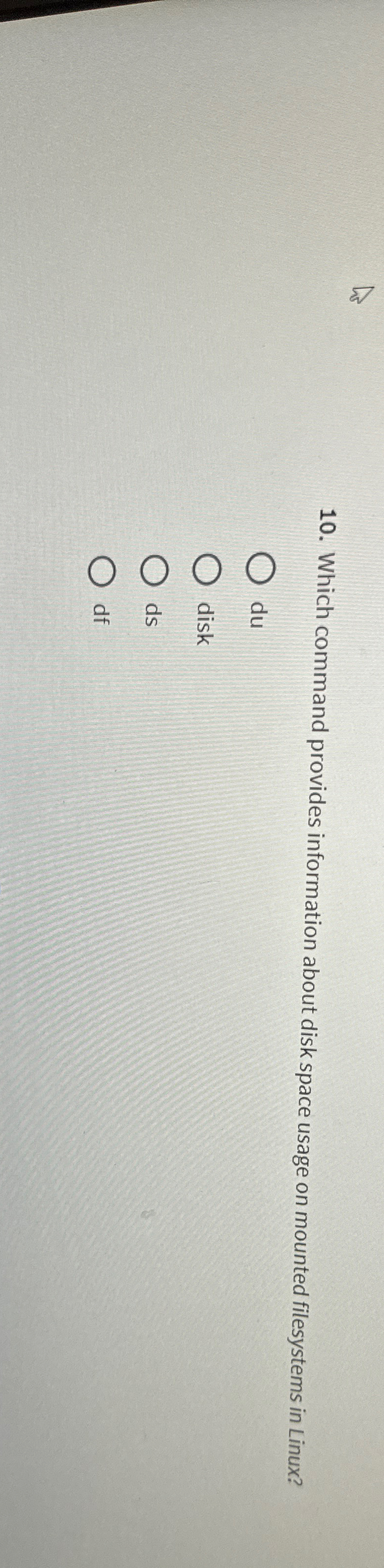  Which command provides information about disk space usage on mounted filesystems