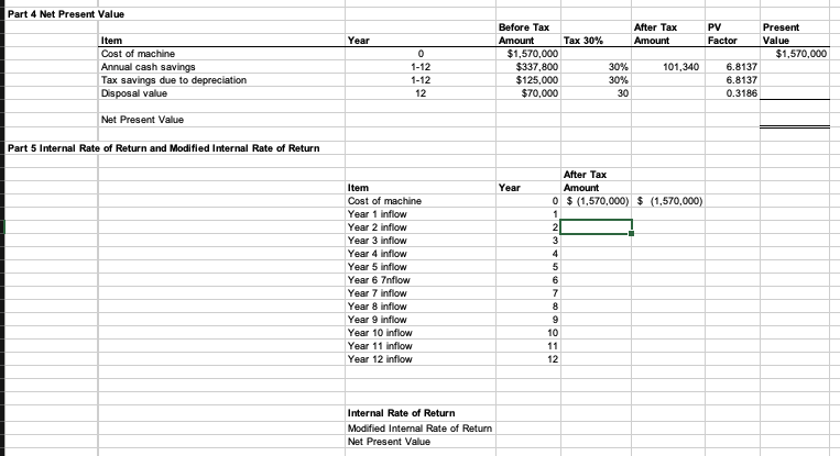 Data: \begin{tabular}{lr|} \hline Cost of new equipment & $1,570,000 \\ \hline Expected