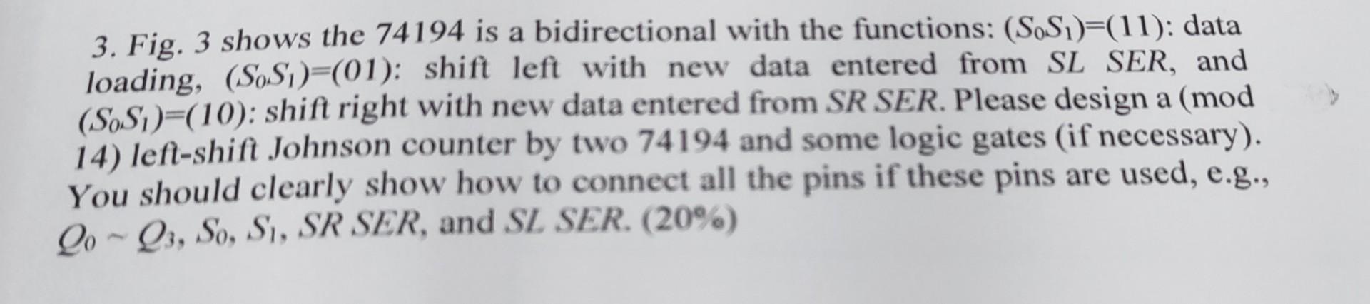 need help on digital logic 3. Fig. 3 shows the 74194 is