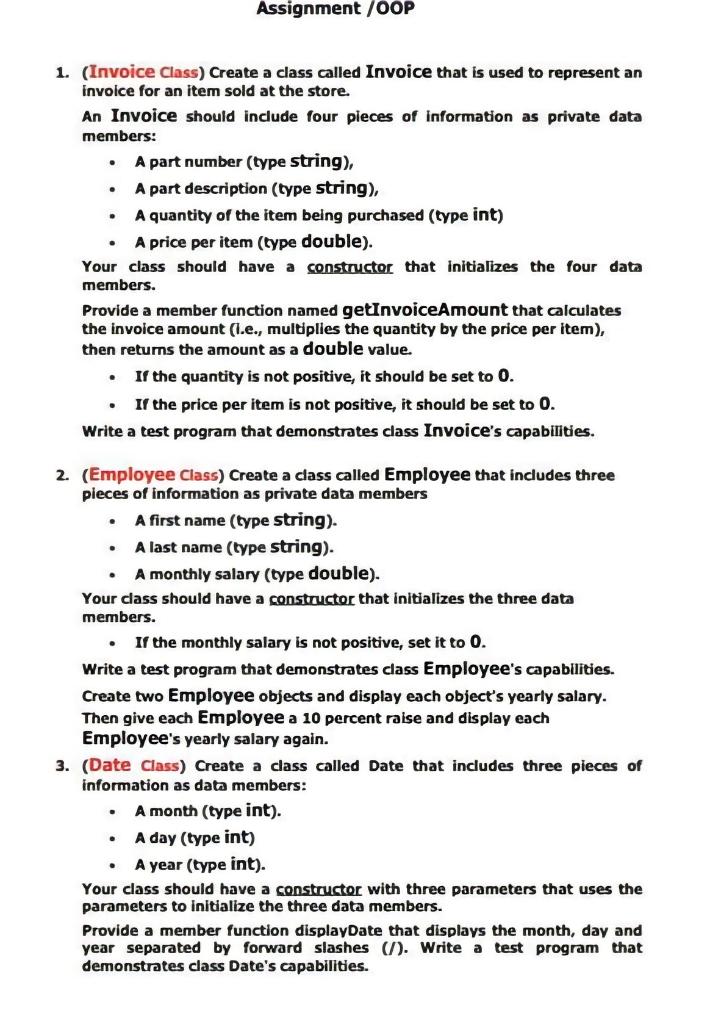  Assignment /OOP 1. (Invoice Class) Create a class called Invoice that