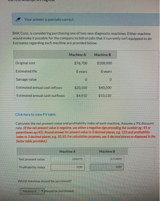  Your answer is partially correct. BAK Corp. is considering purchasing one
