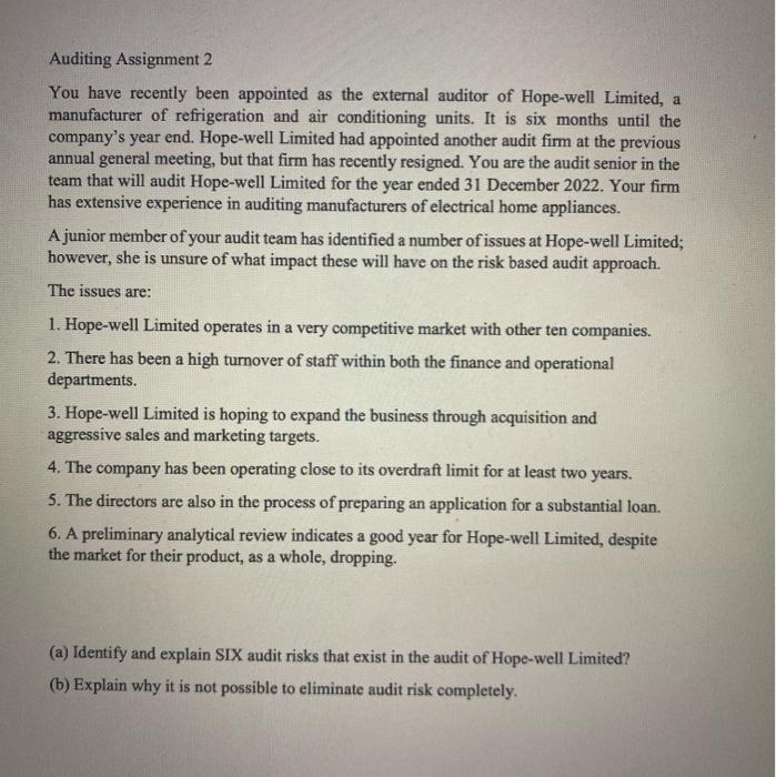 May i please get answers to these question! Auditing Assignment 2 You