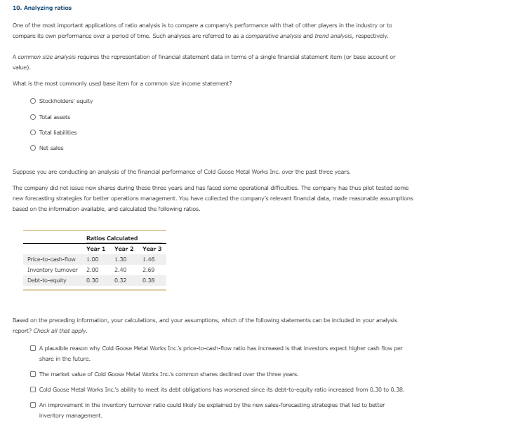 please your help and explanation would be appreciated! 10. Analyzing ratios One