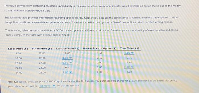  The value derived from exercising an option immediately is the exercise