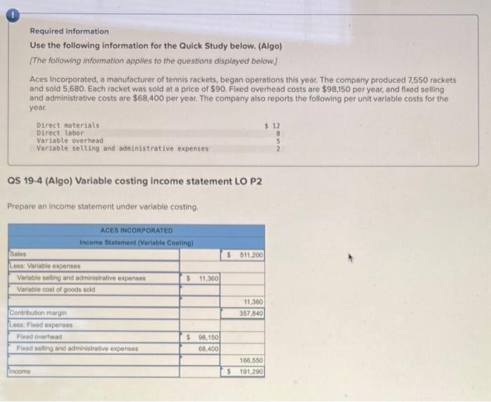  Required information Use the following information for the Quick Study below.