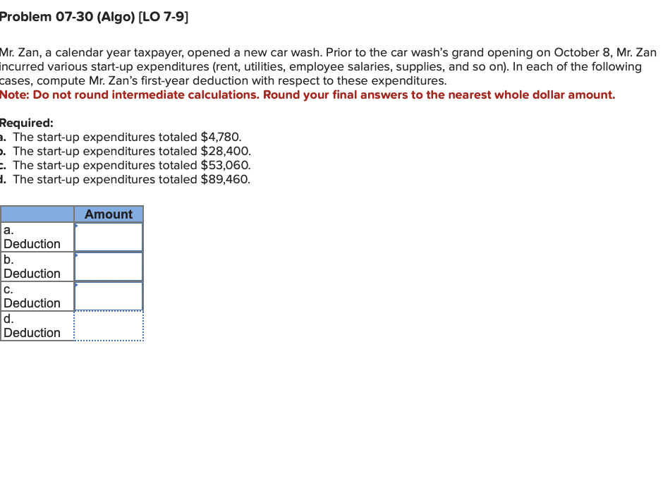  Problem 07-30(Algo)[LO 7-9] Mr. Zan, a calendar year taxpayer, opened a