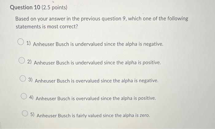 since the alpha is negative. 2) Anheuser Busch is undervalued since the