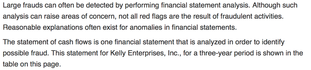  Large frauds can often be detected by performing financial statement analysis.