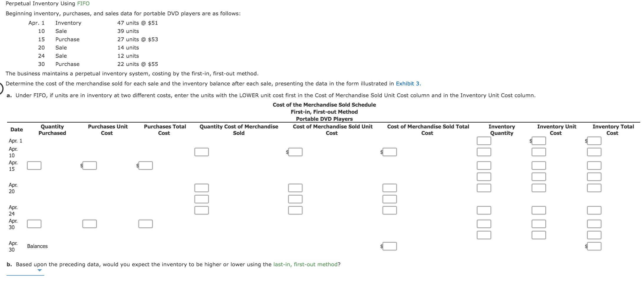 Perpetual Inventory Using FIFO Beginning inventory, purchases, and sales data for portable