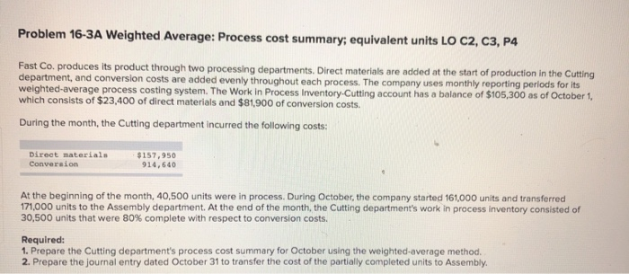  Problem 16-3A Weighted Average: Process cost summary; equivalent units LO C2,