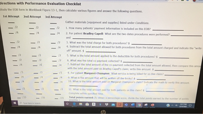  Directions with Performance Evaluation Checklist Study the EOB form in Workbook