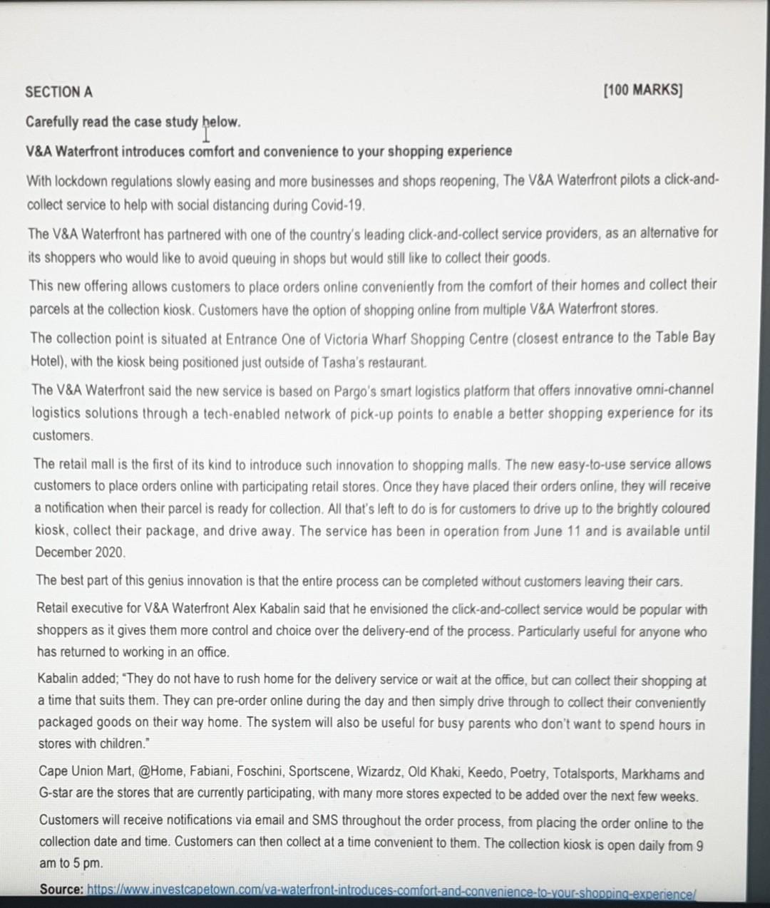  SECTION A [100 MARKS] Carefully read the case study helow. V\&A