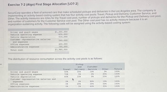  Exercise 7-2 (Algo) First Stage Allocation [LO7-2] SecuriCorp operates a fleet