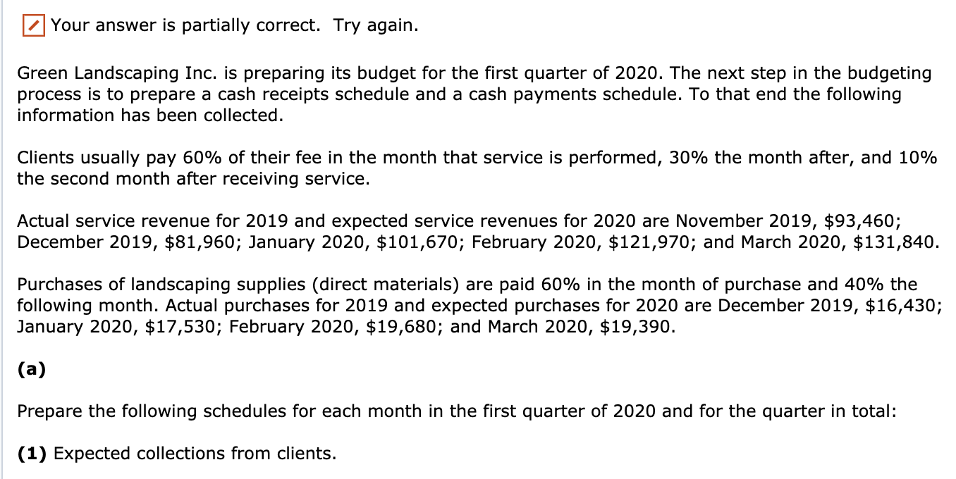 Your answer is partially correct. Try again. Green Landscaping Inc. is