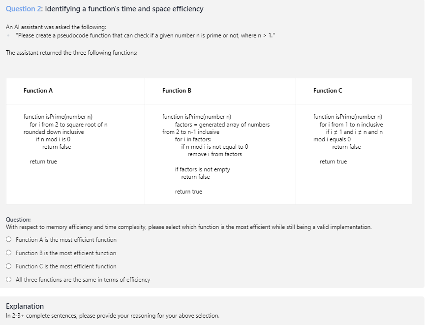  Question 2: Identifying a function's time and space efficiency An Al