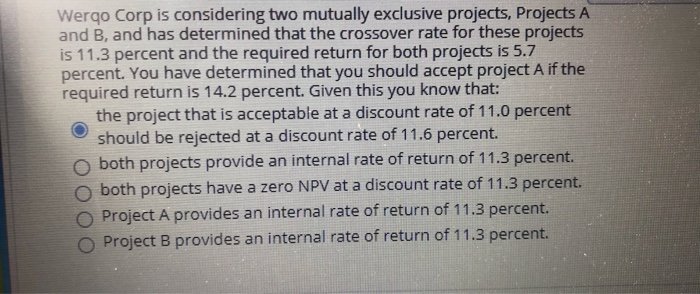  Wergo Corp is considering two mutually exclusive projects, Projects A and
