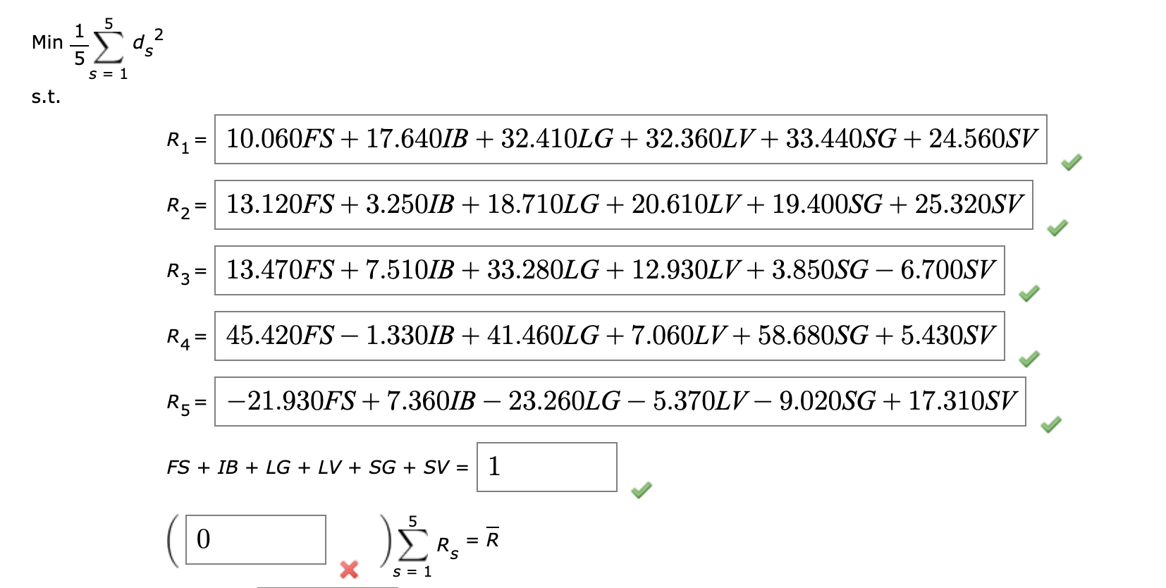 better measure of risk. Min51s=15ds2.) Let FS=proportionofportfolioinvestedintheforeignstockmutualfundIB=proportionofportfolioinvestedintheintermediate-termbondfundLG=proportionofportfolioinvestedinthelarge-capgrowthfundLV=proportionofportfolioinvestedinthelarge-capvaluefundSG=proportionofportfolioinvestedinthesmall-capgrowthfundSV=proportionofportfolioinvestedinthesmall-capvaluefundR=theexpectedreturnoftheportfolioRS=thereturnoftheportfolioinyears. \begin{tabular}{|l|r|r|r|r|r|} \hline Mutual Fund &