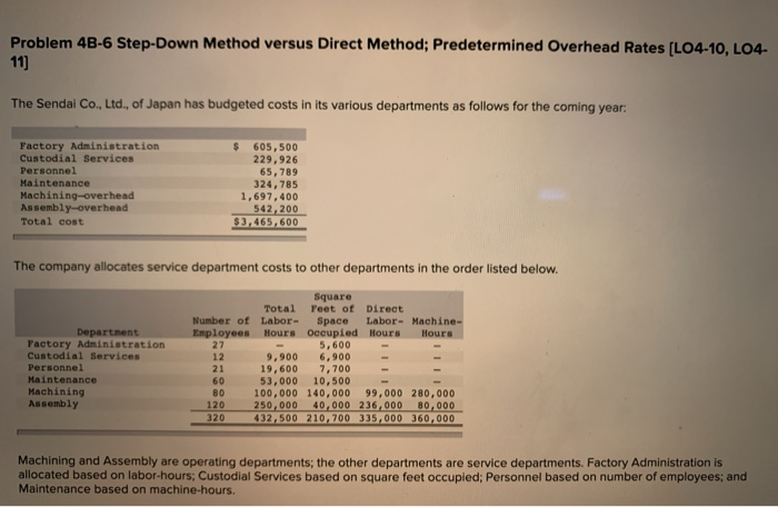  Problem 4B-6 Step-Down Method versus Direct Method; Predetermined Overhead Rates (L04-10,