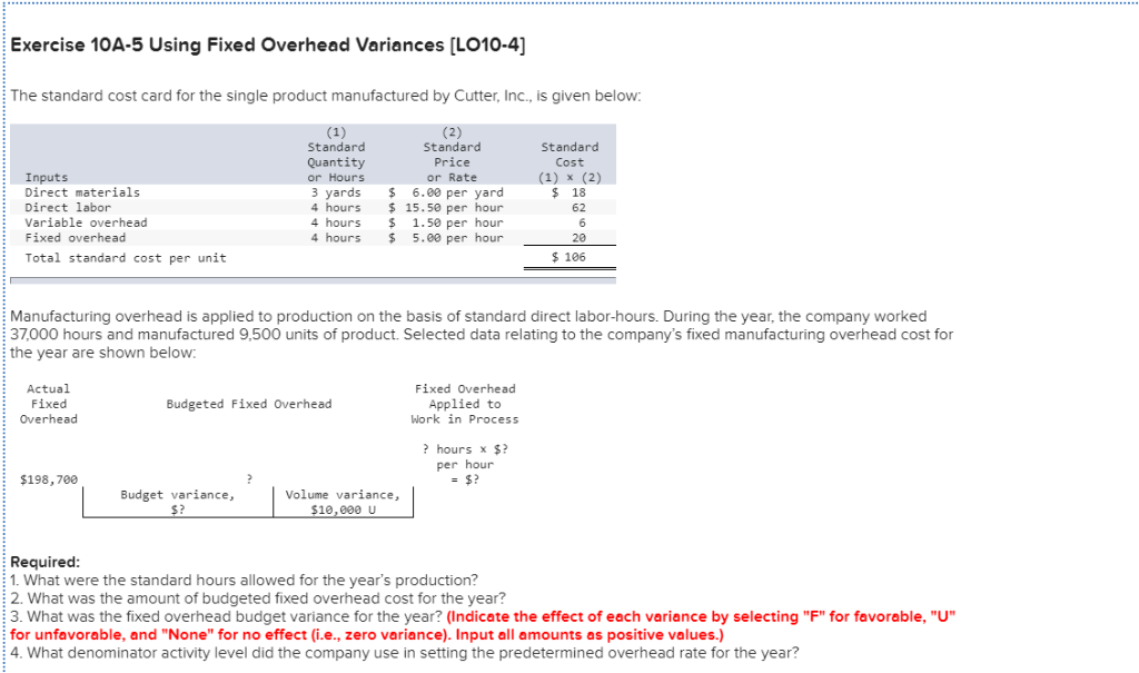  Exercise 10A-5 Using Fixed Overhead Variances [LO10-4] The standard cost card