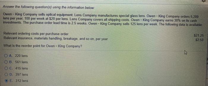  1 2. Answer the following question(s) using the information below: Owen