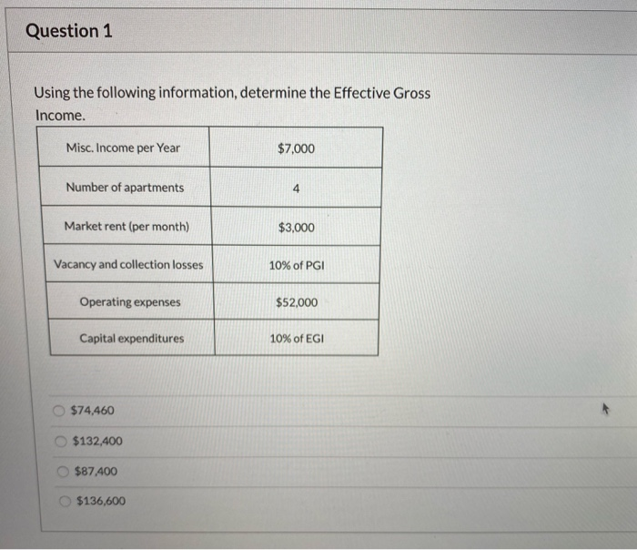  Question 1 Using the following information, determine the Effective Gross Income.