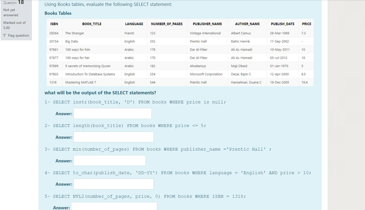  Question 18 Using Books tables, evaluate the following SELECT statement: Not