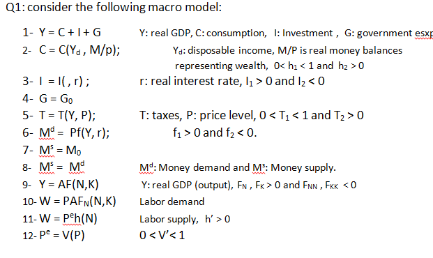 Q1: consider the following macro model: 1- Y=C+I+G 2- C =