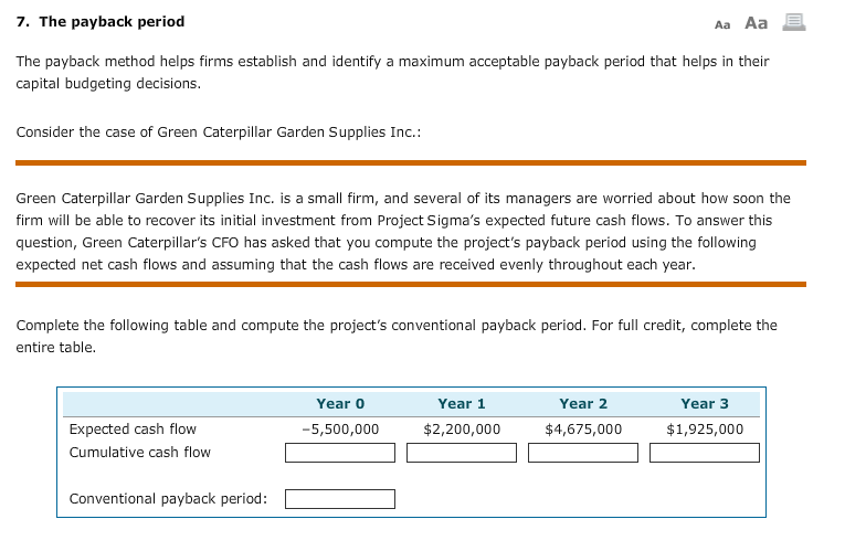  7. The payback period Aa Aa E. The payback method helps