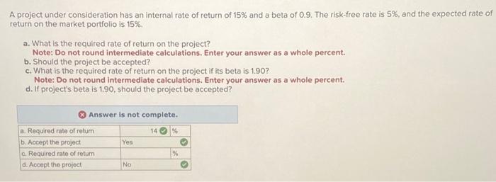  A project under consideration has an internal rate of return of