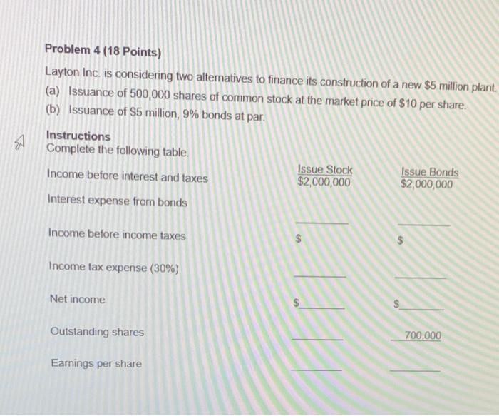  Problem 4 (18 Points) Layton Inc. is considering two alternatives to