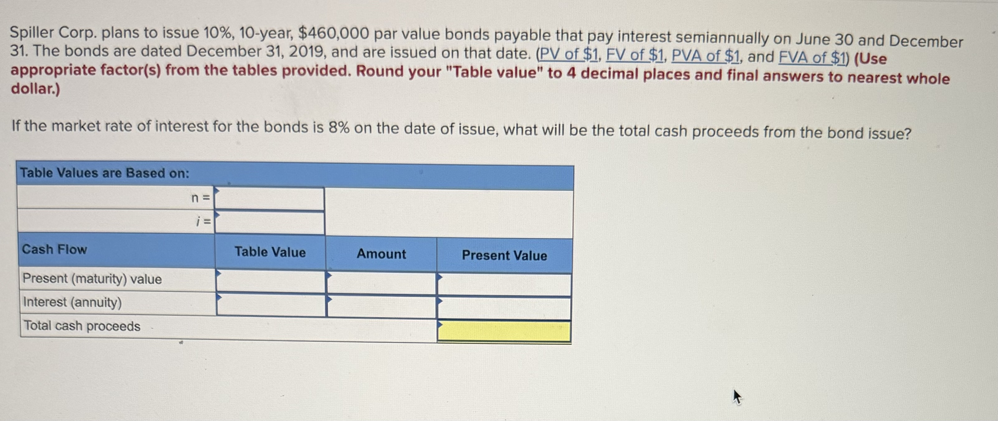  Spiller Corp. plans to issue 10%,10-year, $460,000 par value bonds payable