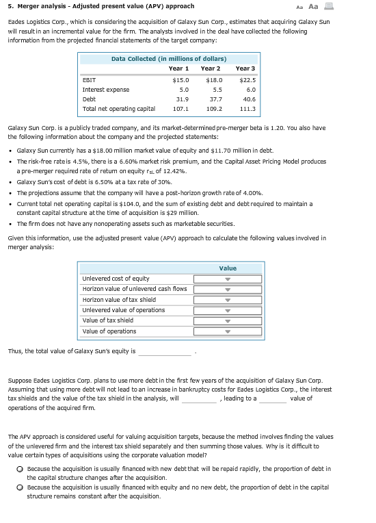  5. Merger analysis - Adjusted present value (APV) approach Aa Aa