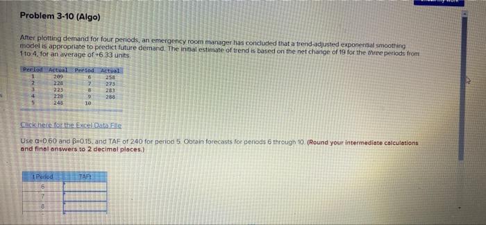  Problem 3-10 (Algo) After plotting demand for four periods, an emergency