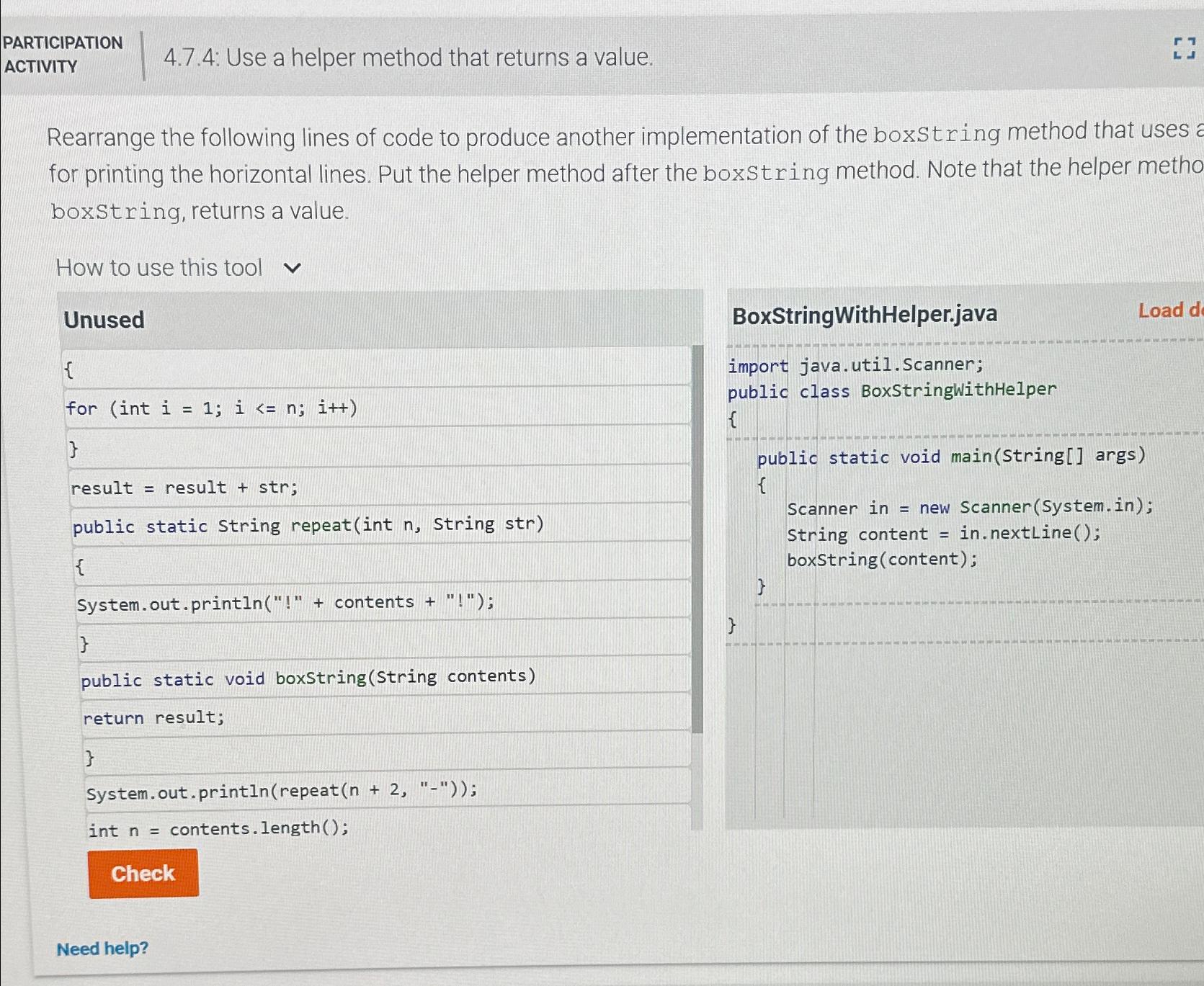  PARTICIPATION ACTIVITY 4.7.4: Use a helper method that returns a value.