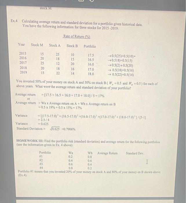  Homework III Ex.4 Calculating average return and standard deviation for a