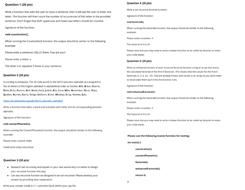  Question 4 (20 pts) Question 1 (20 pts) Write a tail