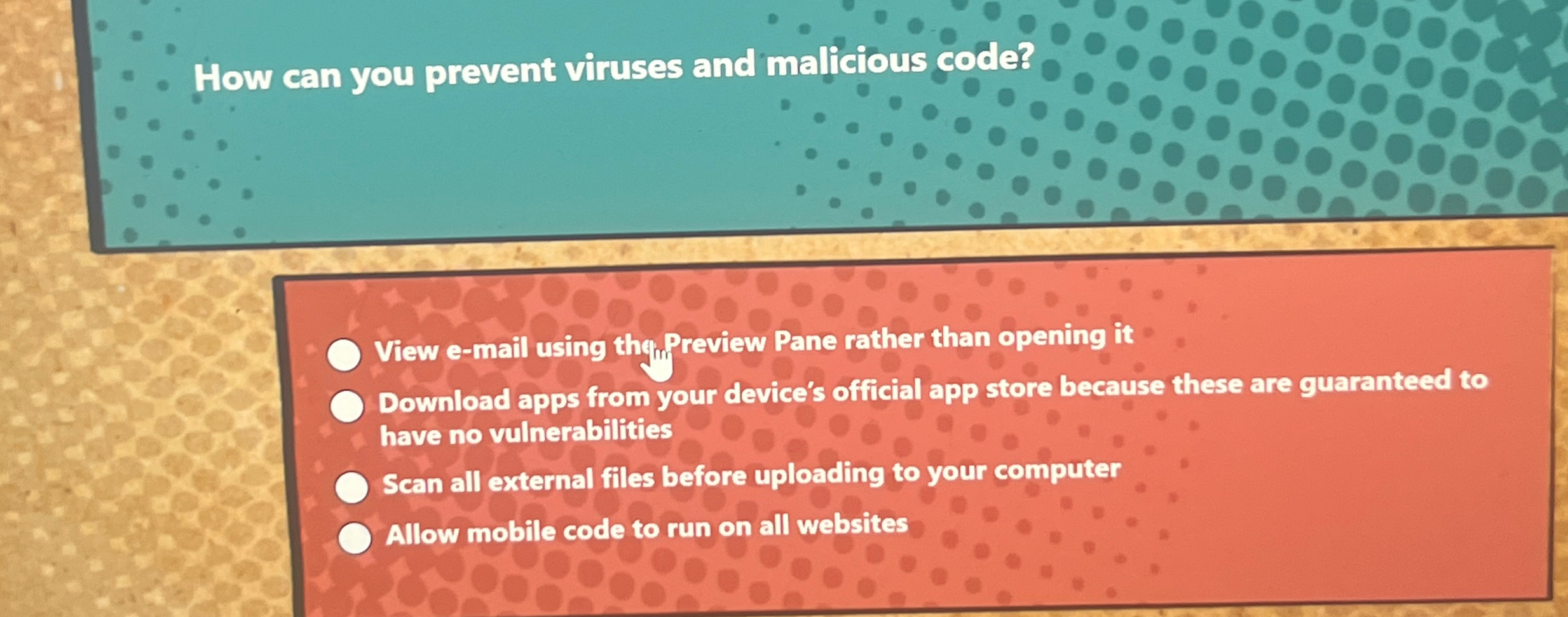 How can you prevent viruses and malicious code? View e-mail using