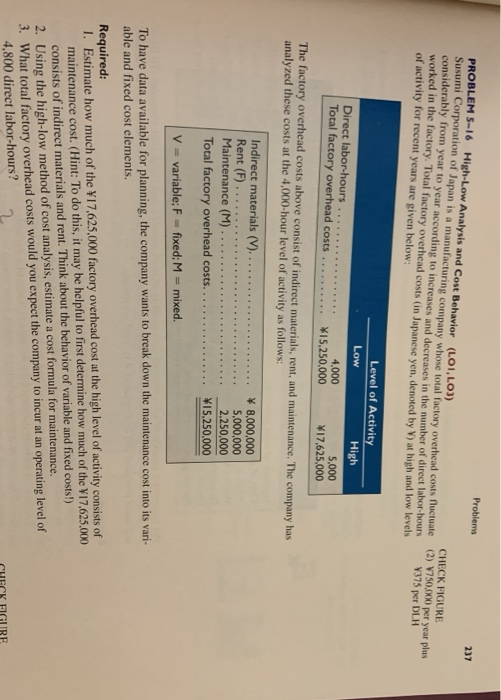  Problems 237 PROBLEM 5-16 High-Low Analysis and Cost Behavior (LOI, LOJ)