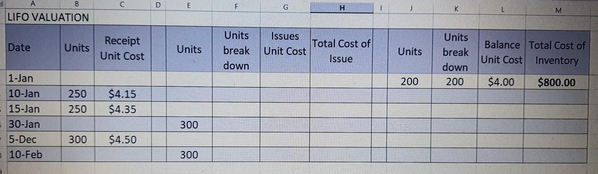 LIFO valuation A B C D E F G H M