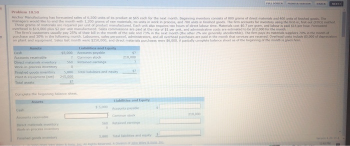  TREN PRINTER VERSION NEXT Problem 10.50 Anchor Manufacturing has forecasted sales