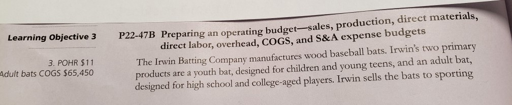 Learning Objective 3 P22-47B Preparing an operating budget-sales, production, direct materials,